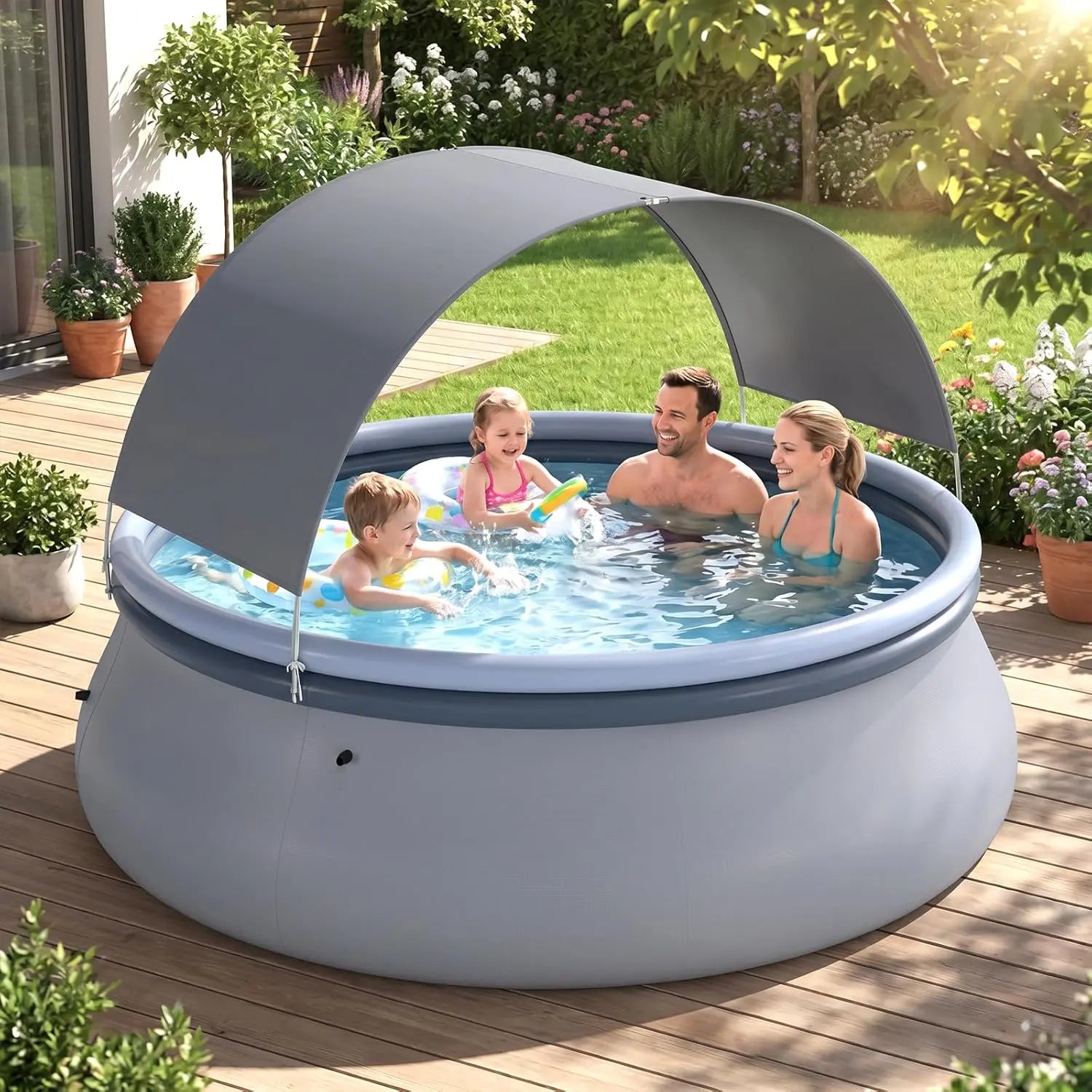 COSTWAY Inflatable Pool with Canopy, Large round above Ground Swimming Pool W/ 2 Air Chambers, Repair Patch, Top Ring Blow up Pools for Backyard, Lawn, Garden