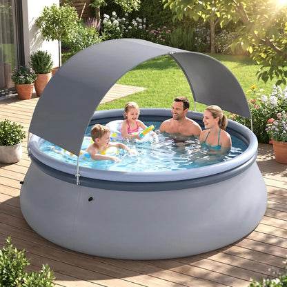COSTWAY Inflatable Pool with Canopy, Large round above Ground Swimming Pool W/ 2 Air Chambers, Repair Patch, Top Ring Blow up Pools for Backyard, Lawn, Garden