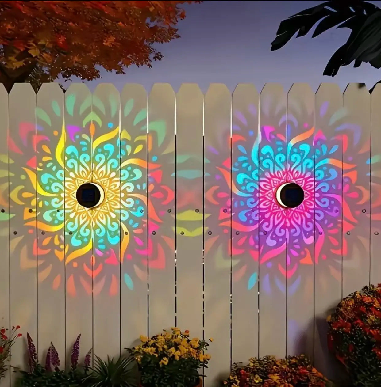 Solar Mandala Projector Outdoor Lights, Waterproof Metal Solar Fence Lights for Garden Patio Courtyard Backyard Decor