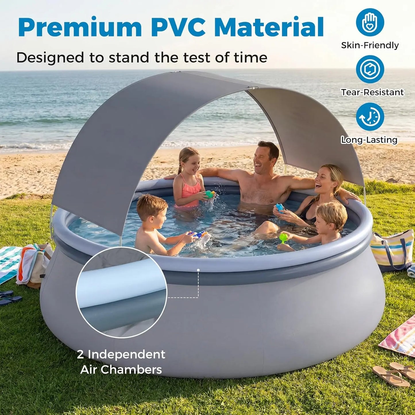 COSTWAY Inflatable Pool with Canopy, Large round above Ground Swimming Pool W/ 2 Air Chambers, Repair Patch, Top Ring Blow up Pools for Backyard, Lawn, Garden
