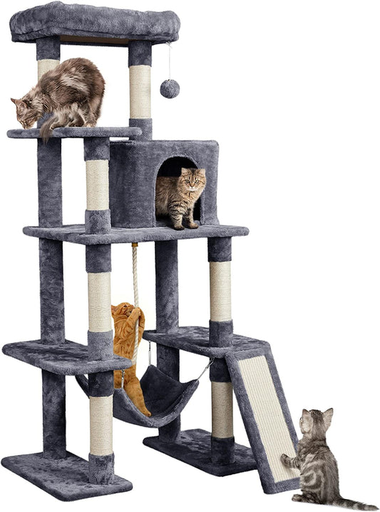 63In Large Cat Tree for Heavy Cats up to 22Lbs, Anti-Wobble Tower with Condo & Hammock, Space-Saving for Indoor Multi-Pet Households, Stops Furniture Scratching