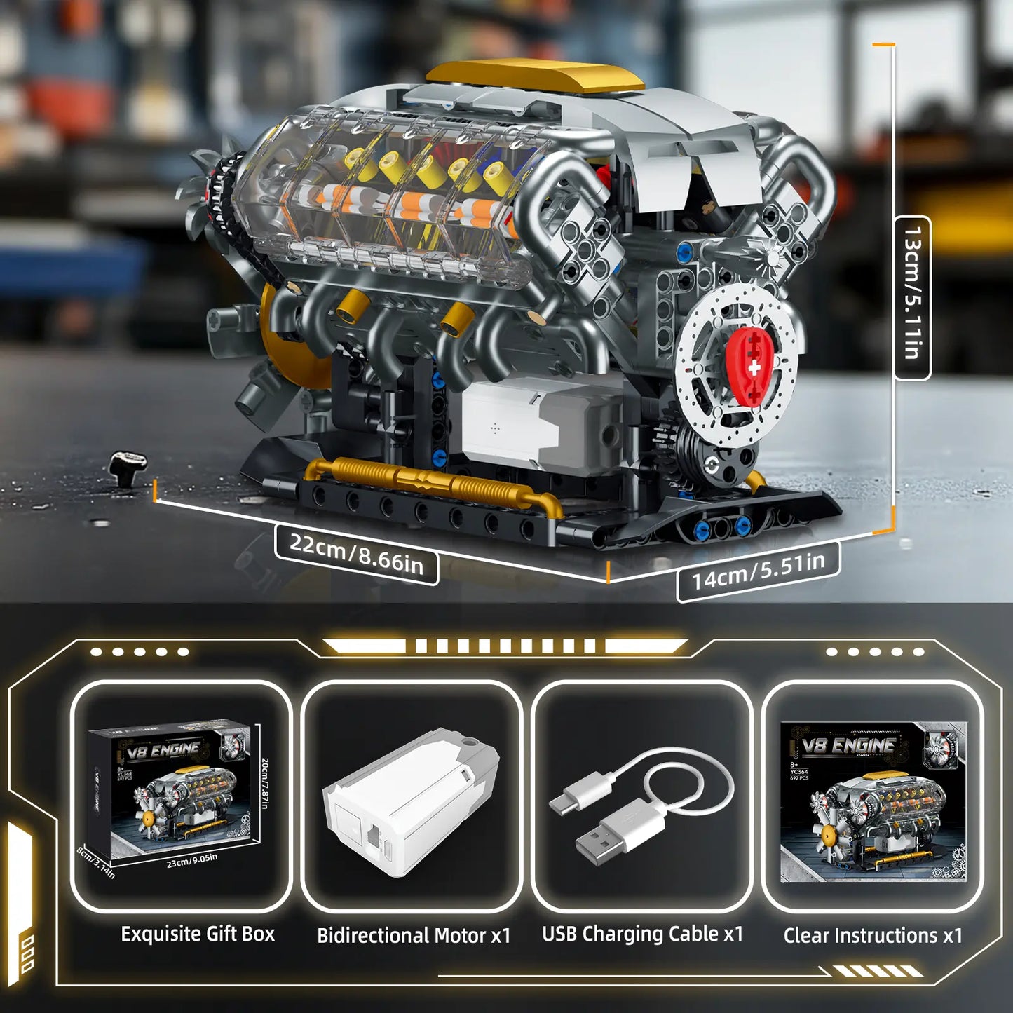 692 PCS GOQI V8 Engine Model Creative Building Blocks, 1:1 Scale Miniature Set with Electric Motor, STEM Construction Kit, DIY Working Mechanic Model, Educational Gift for Car Enthusiasts