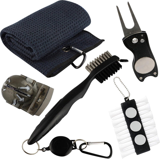 Golf Accessories Gift Set - Golf Towel, Golf Club Brush with Groove Cleaner, Foldable Divot Repair Tool with Ball Marker, Golf Ball Marker and Golf Tee Holder - Golf Club Cleaning Kit