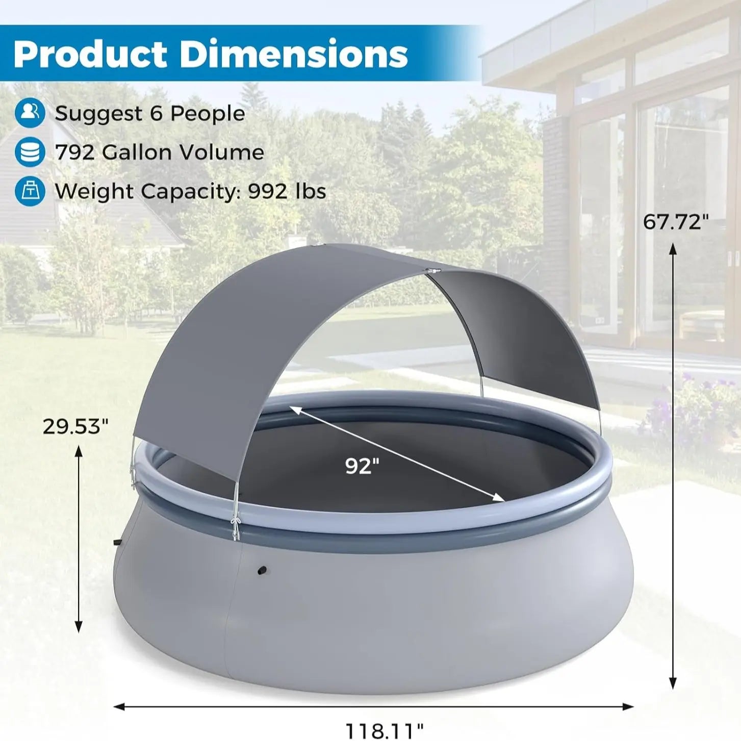 COSTWAY Inflatable Pool with Canopy, Large round above Ground Swimming Pool W/ 2 Air Chambers, Repair Patch, Top Ring Blow up Pools for Backyard, Lawn, Garden