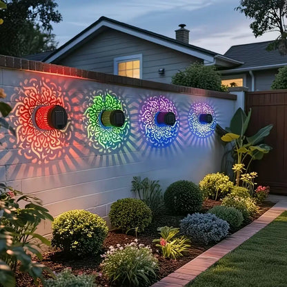 Solar Mandala Projector Outdoor Lights, Waterproof Metal Solar Fence Lights for Garden Patio Courtyard Backyard Decor