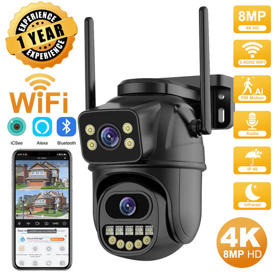 4K 8MP HD Wi-Fi PTZ Outdoor Camera with Dual Lenses, Dual Screens, AI Auto Tracking, IP Surveillance, and Audio-Video Capability