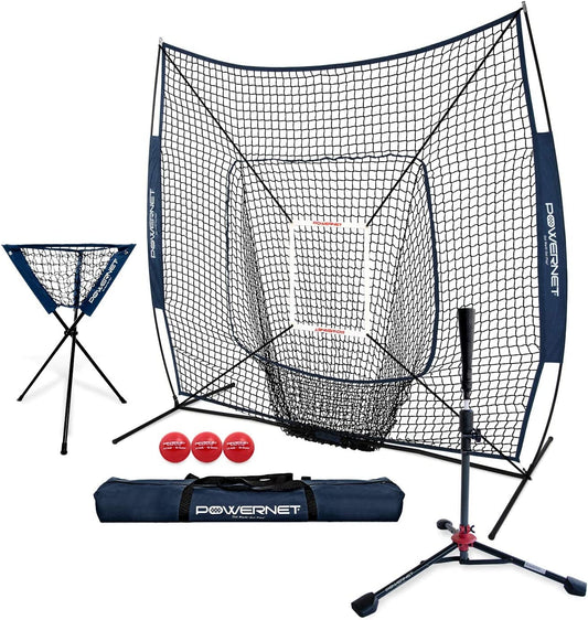 Baseball Softball Practice Net 7X7 with Baseball Accessories for Practice Pitching, Batting & Fielding, Ball Caddy, Weighted Baseballs, Tee