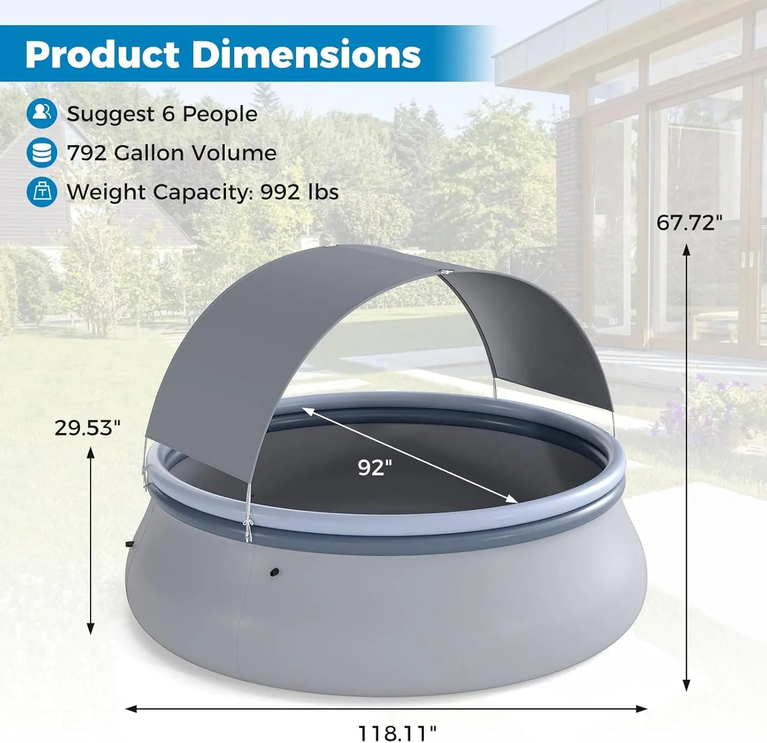 COSTWAY Inflatable Pool with Canopy, Large round above Ground Swimming Pool W/ 2 Air Chambers, Repair Patch, Top Ring Blow up Pools for Backyard, Lawn, Garden