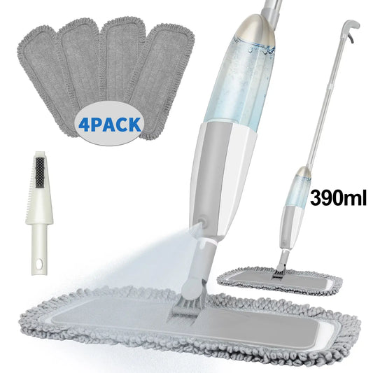 PHANCIR Microfiber Spray Mop for Floor Cleaning with 4 Washable Pads Hardwood Floor Mop Grey Iron 360° Rotating Head 420Ml Spray Bottle Non Slip Sweat Proof Lightweight Flat Mop Rinseclean Spin Mop