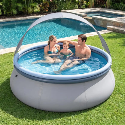 COSTWAY Inflatable Pool with Canopy, Large round above Ground Swimming Pool W/ 2 Air Chambers, Repair Patch, Top Ring Blow up Pools for Backyard, Lawn, Garden
