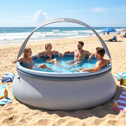 COSTWAY Inflatable Pool with Canopy, Large round above Ground Swimming Pool W/ 2 Air Chambers, Repair Patch, Top Ring Blow up Pools for Backyard, Lawn, Garden