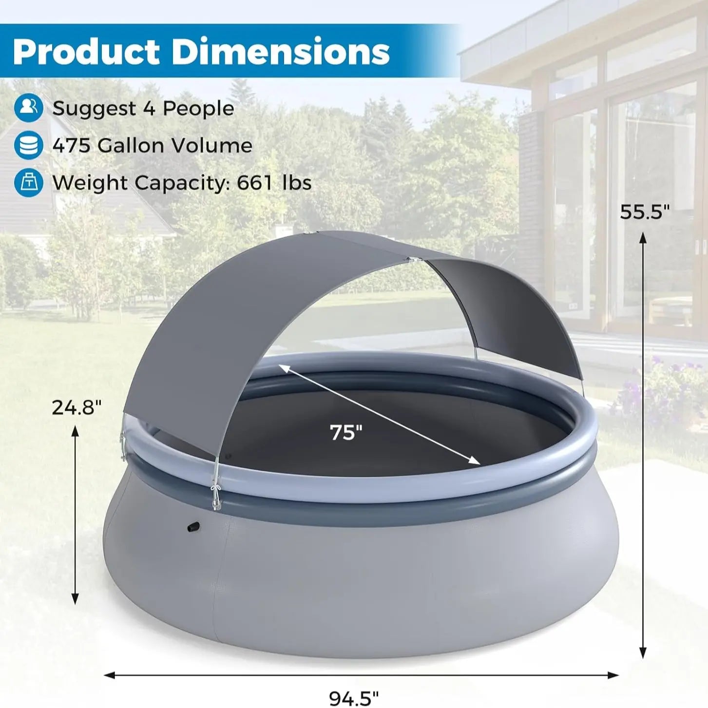 COSTWAY Inflatable Pool with Canopy, Large round above Ground Swimming Pool W/ 2 Air Chambers, Repair Patch, Top Ring Blow up Pools for Backyard, Lawn, Garden