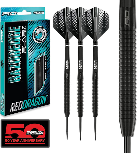 Razor Edge Black Professional Darts Set - 85% Tungsten Darts with Flights & Shafts - Available in Soft Tip 18G Barrel/20G Full Weight and Steel Tip 20G - 28G