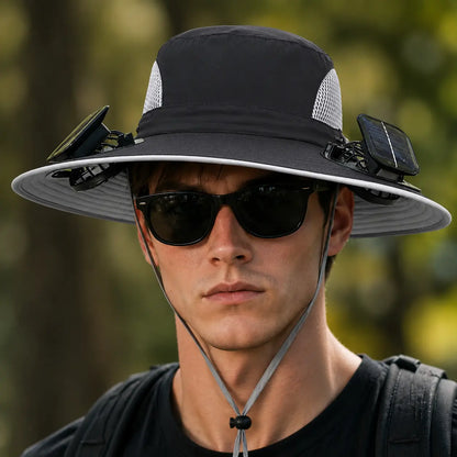 Solar Powered Fan Hat - UPF 50+ UV Protection, Wide Brim, Dual Power Solar/Usb Rechargeable, Water-Resistant for Hiking, Summer Outdoor Activities