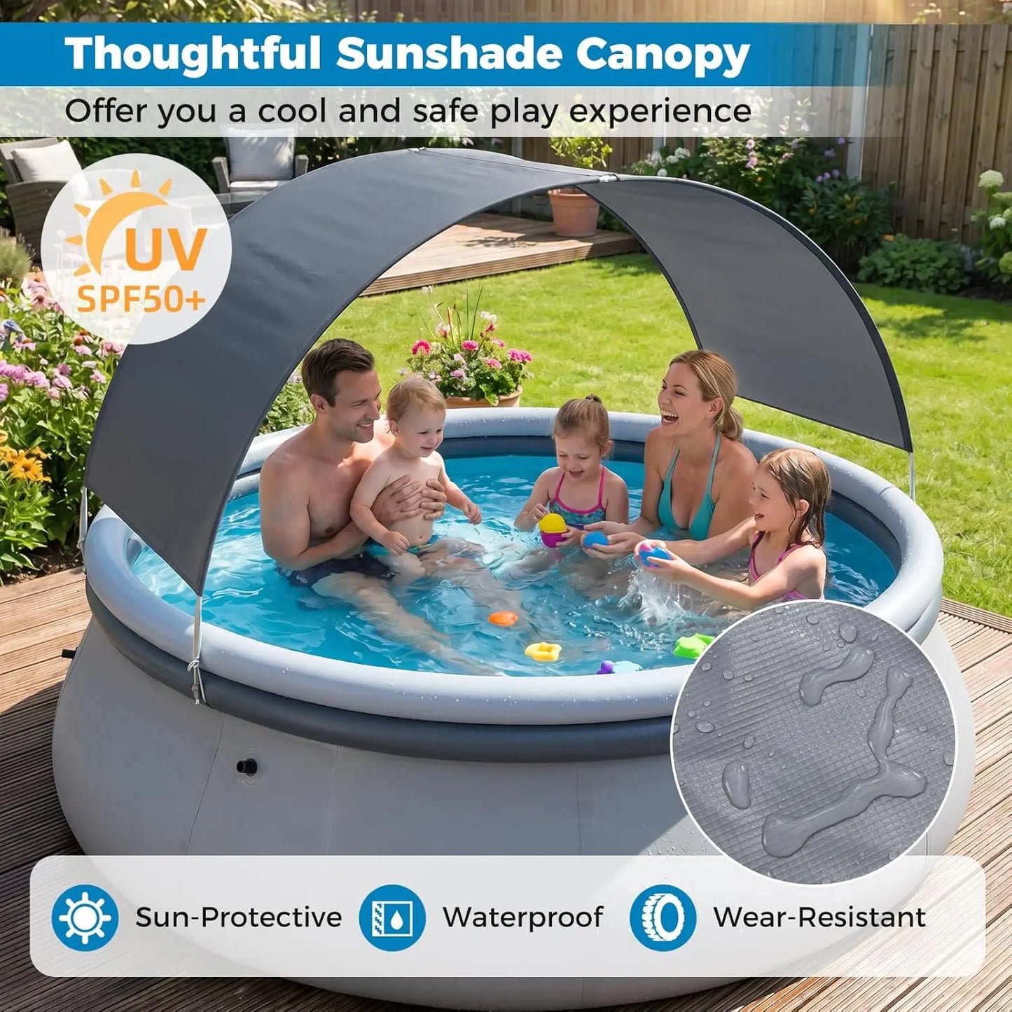 COSTWAY Inflatable Pool with Canopy, Large round above Ground Swimming Pool W/ 2 Air Chambers, Repair Patch, Top Ring Blow up Pools for Backyard, Lawn, Garden