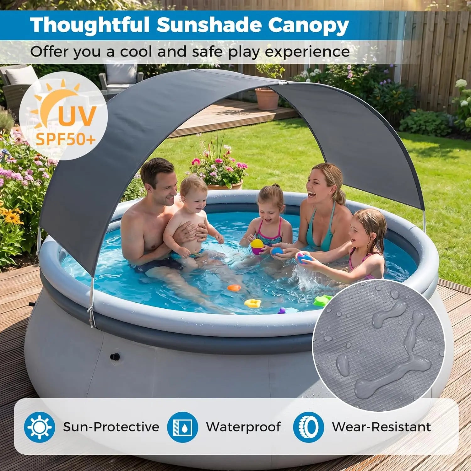COSTWAY Inflatable Pool with Canopy, Large round above Ground Swimming Pool W/ 2 Air Chambers, Repair Patch, Top Ring Blow up Pools for Backyard, Lawn, Garden