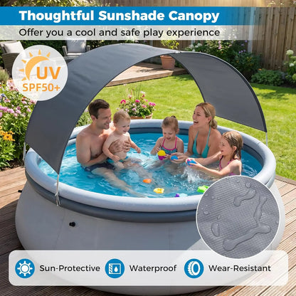 COSTWAY Inflatable Pool with Canopy, Large round above Ground Swimming Pool W/ 2 Air Chambers, Repair Patch, Top Ring Blow up Pools for Backyard, Lawn, Garden
