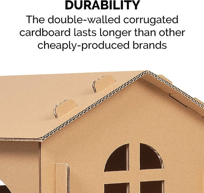 Townhouse Multi-Level Cardboard Cat House for Indoor Cats with Catnip & Toys, Double-Walled Corrugated Scratcher Designed for Lounging, Play & Comfort, One Size, Cardboard, Brown