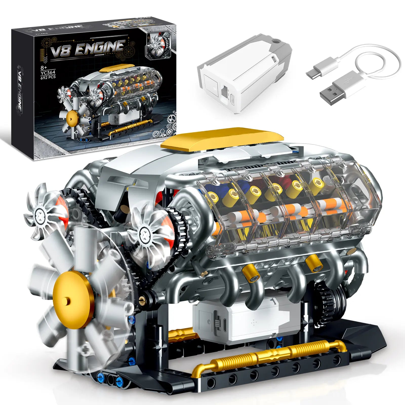 692 PCS GOQI V8 Engine Model Creative Building Blocks, 1:1 Scale Miniature Set with Electric Motor, STEM Construction Kit, DIY Working Mechanic Model, Educational Gift for Car Enthusiasts