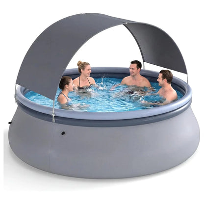COSTWAY Inflatable Pool with Canopy, Large round above Ground Swimming Pool W/ 2 Air Chambers, Repair Patch, Top Ring Blow up Pools for Backyard, Lawn, Garden